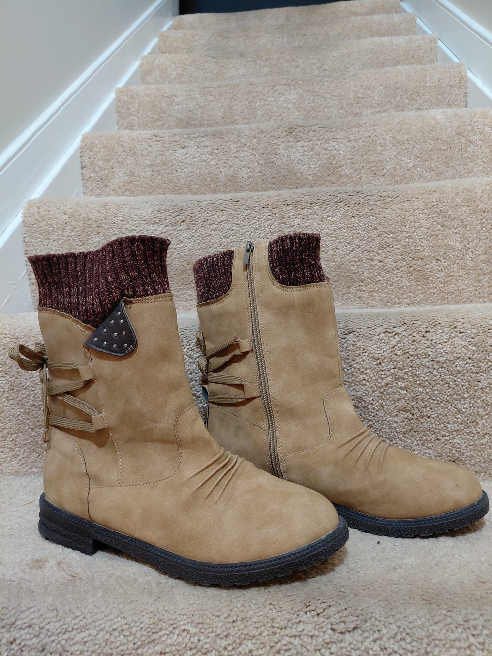 Women's Tan Knit-Cuff Mid-Calf Boots
